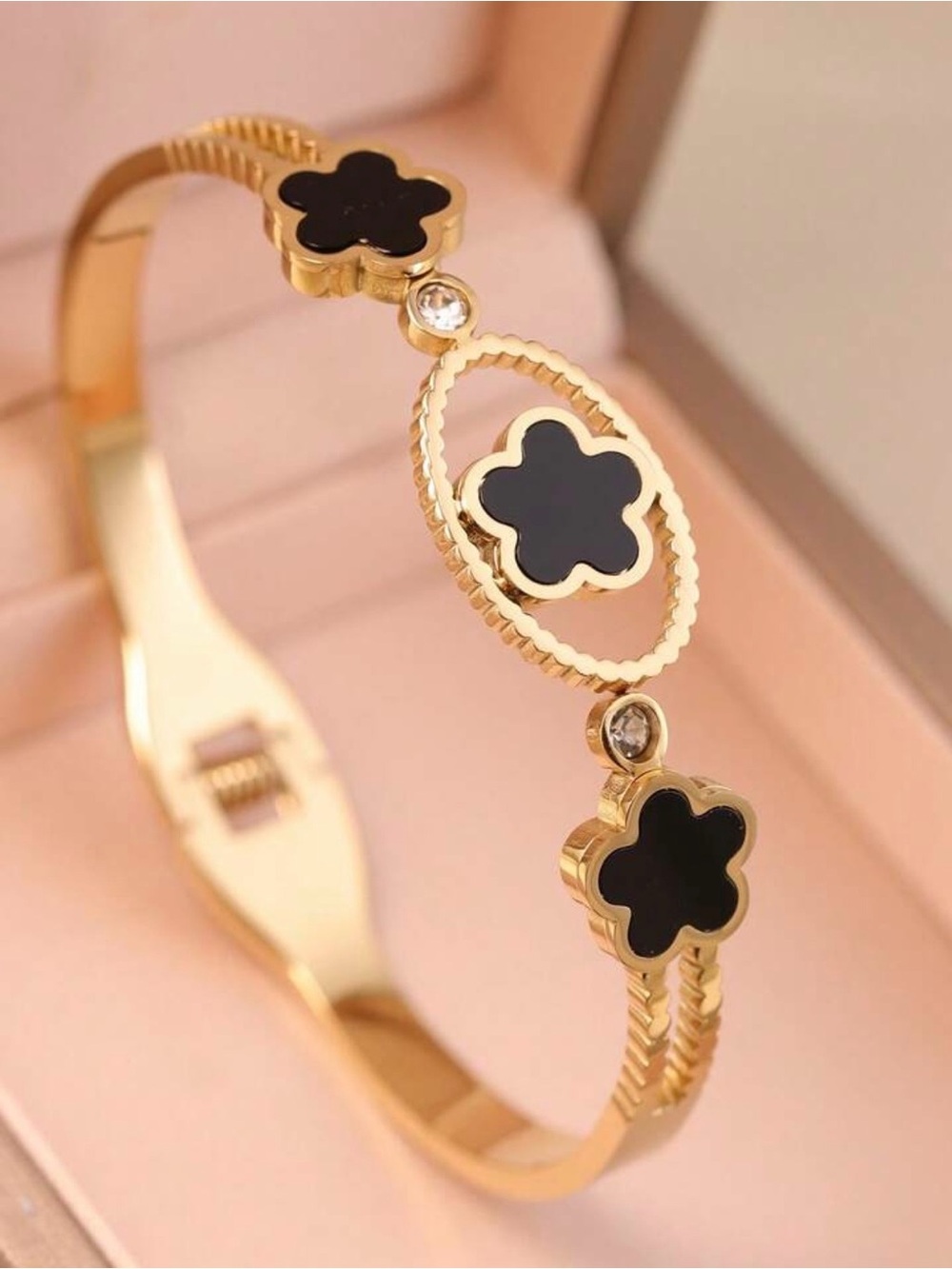 Gold Plated Black Clover Accent Bangle Bracelet